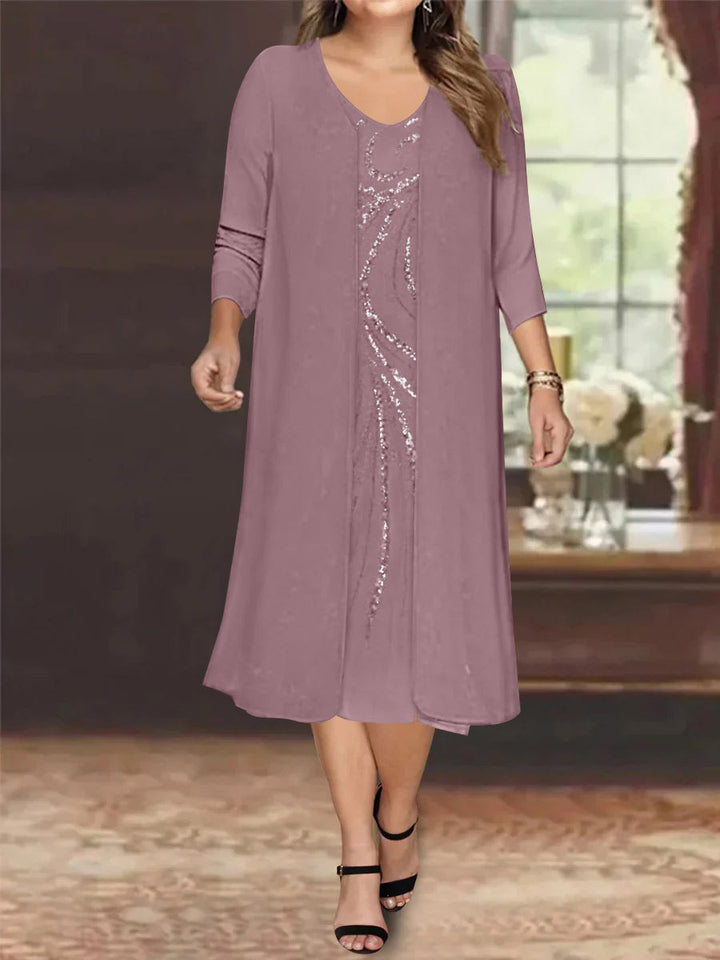 Sheath/Column V-Neck Long Sleeves Tea-Length Plus Size Mother of the Bride Dresses with Jacket & Sequins