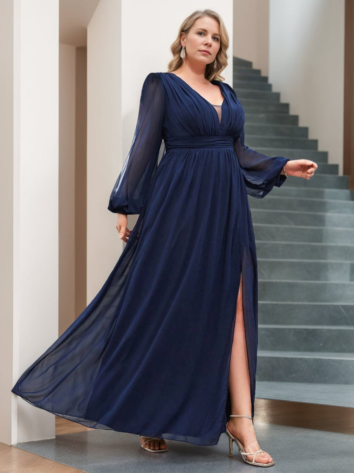 A-Line/Princess V-Neck Long Sleeves Floor-Length Mother of the Bride Dresses with Ruffles