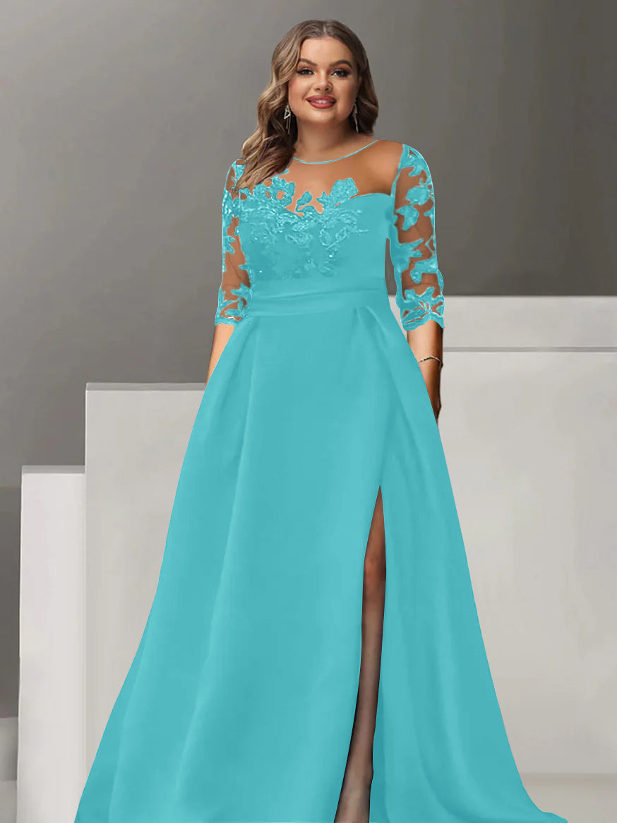 A-Line/Princess Sweetheart 3/4 Sleeves Floor-Length Plus Size Mother Of The Bride Dresses With Lace & Split Side