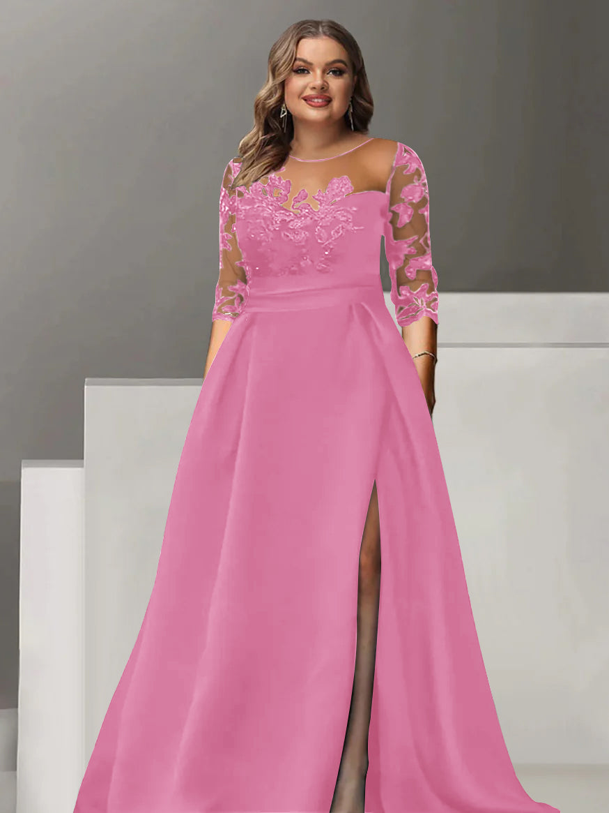 A-Line/Princess Sweetheart 3/4 Sleeves Floor-Length Plus Size Mother Of The Bride Dresses With Lace & Split Side