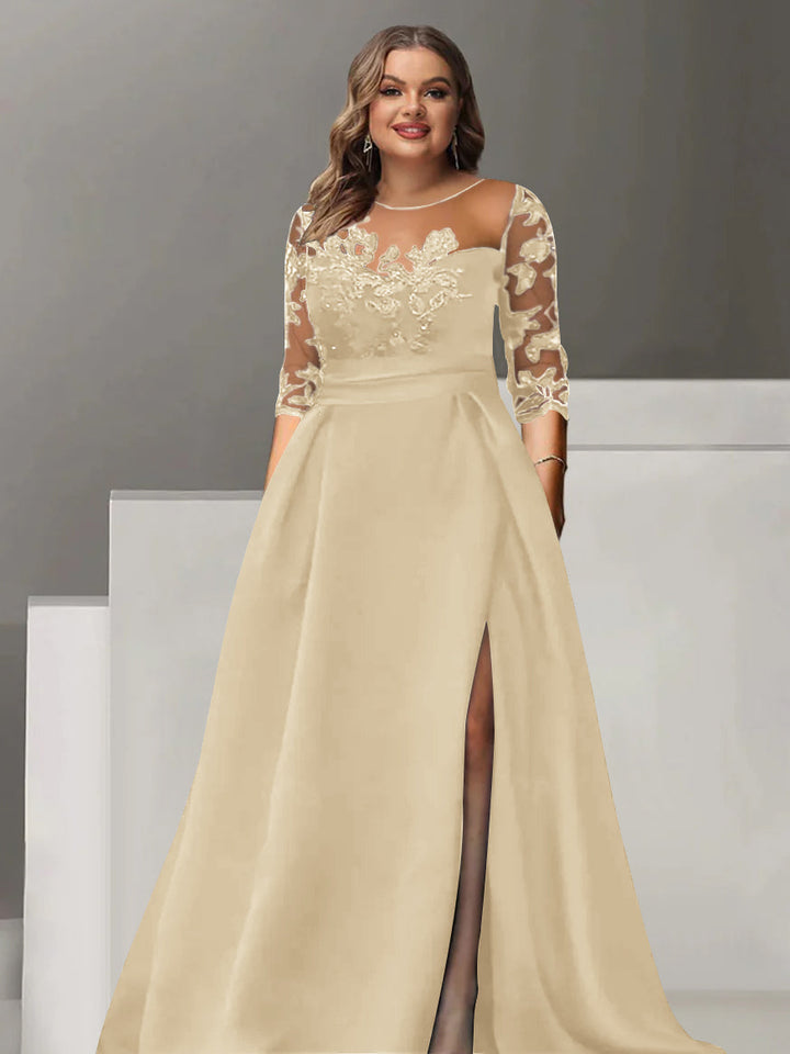 A-Line/Princess Sweetheart 3/4 Sleeves Floor-Length Plus Size Mother Of The Bride Dresses With Lace & Split Side