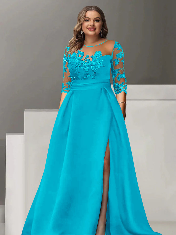 A-Line/Princess Sweetheart 3/4 Sleeves Floor-Length Plus Size Mother Of The Bride Dresses With Lace & Split Side