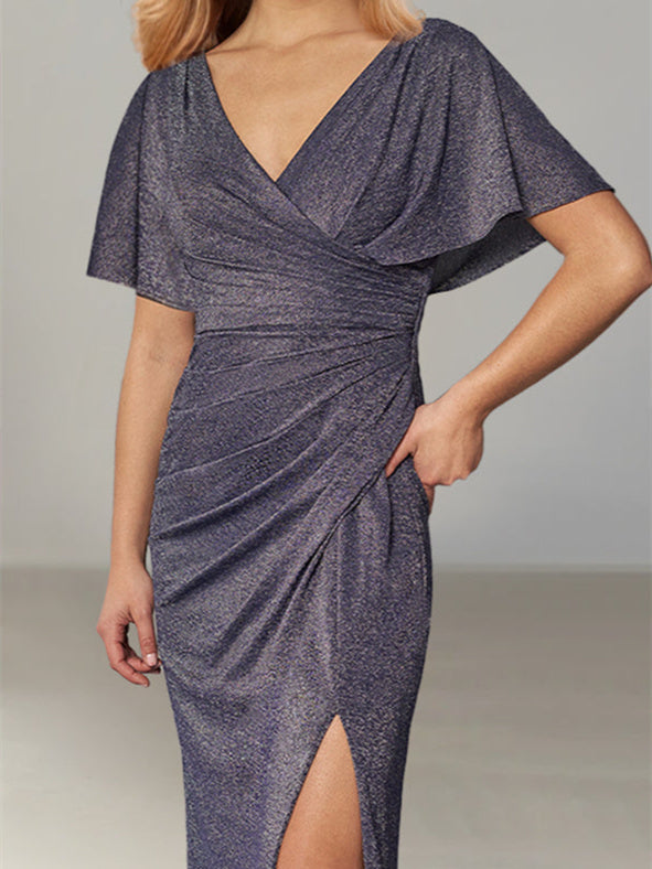 Sheath/Column Draped Sleeve Plunging Neck Floor-Length Mother of the Bride Dresses with Split