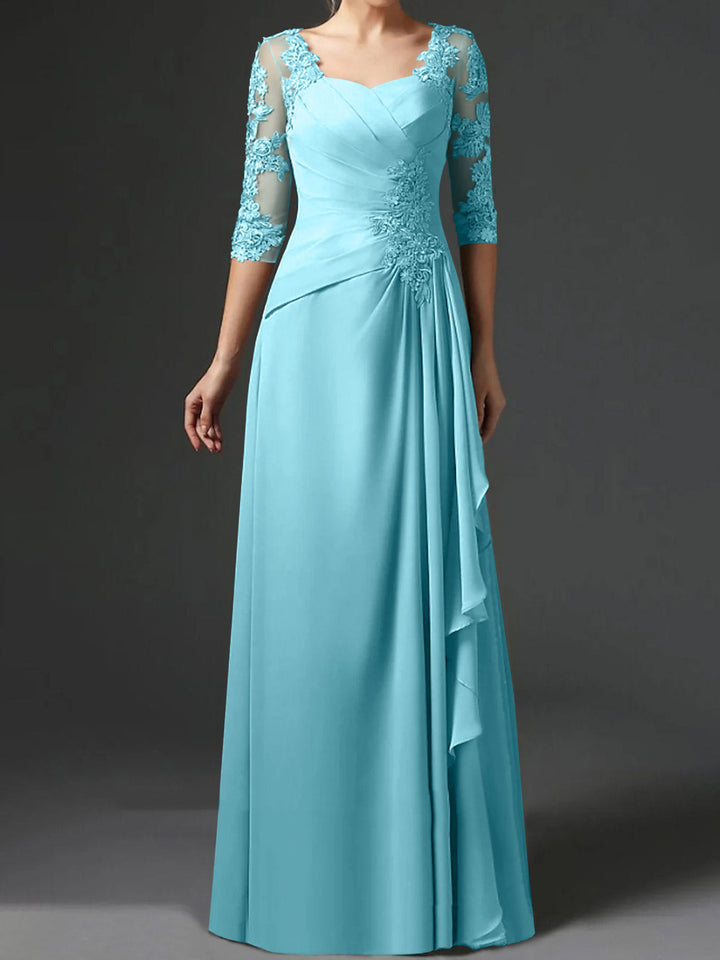 A-Line/Princess Square Neck Half Sleeves Floor-Length Mother of the Bride Dresses With Ruching