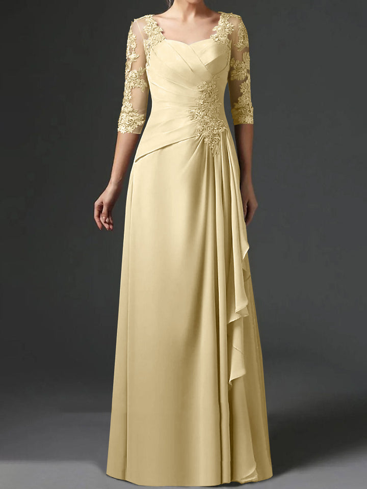 A-Line/Princess Square Neck Half Sleeves Floor-Length Mother of the Bride Dresses With Ruching