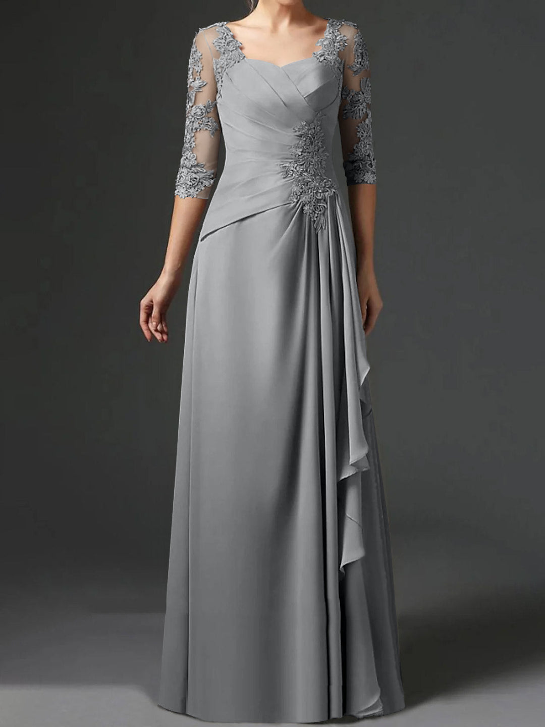 A-Line/Princess Square Neck Half Sleeves Floor-Length Mother of the Bride Dresses With Ruching