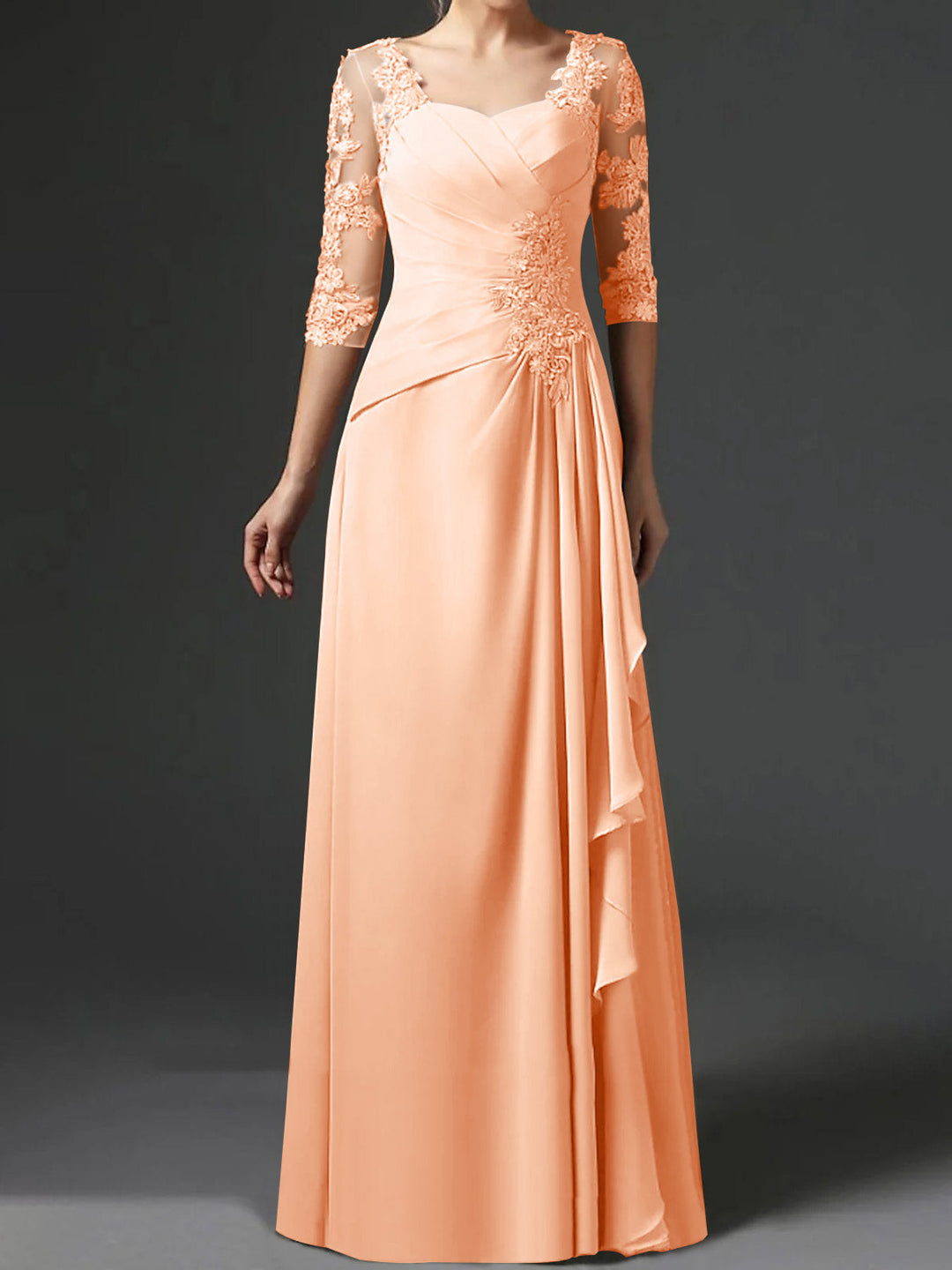 A-Line/Princess Square Neck Half Sleeves Floor-Length Mother of the Bride Dresses With Ruching