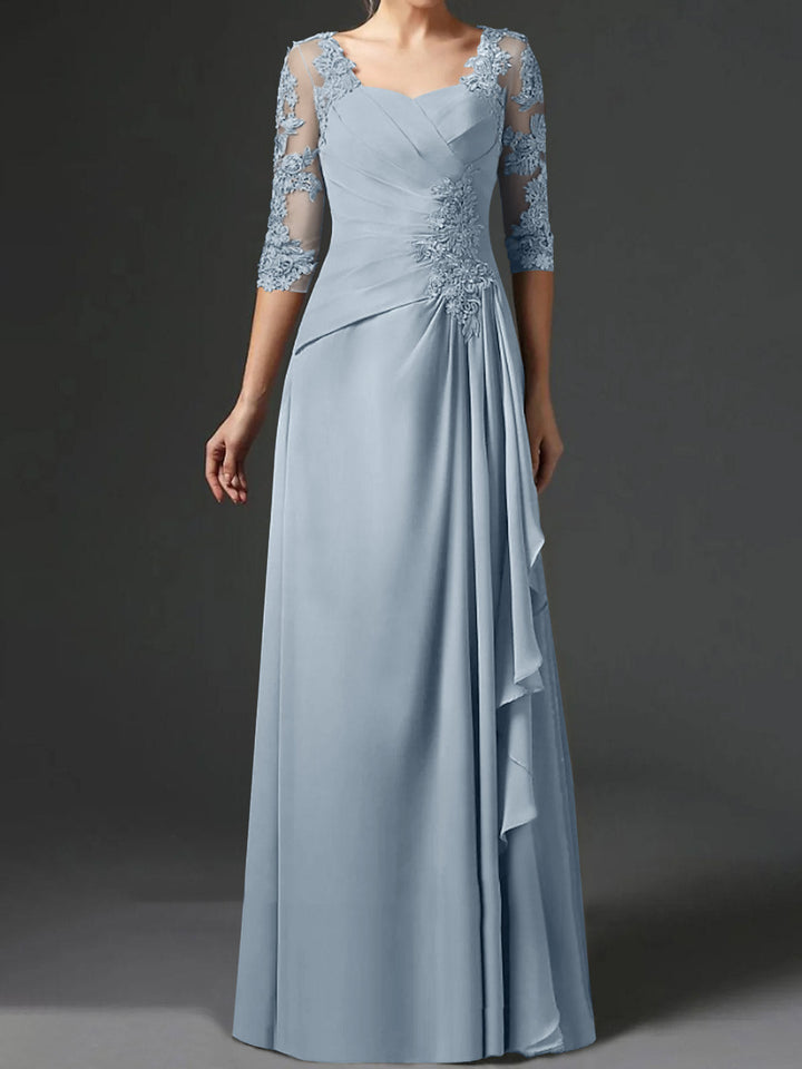 A-Line/Princess Square Neck Half Sleeves Floor-Length Mother of the Bride Dresses With Ruching