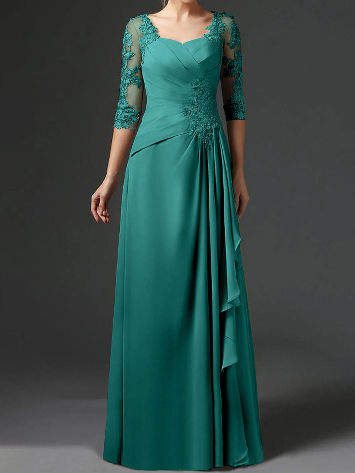 A-Line/Princess Square Neck Half Sleeves Floor-Length Mother of the Bride Dresses With Ruching