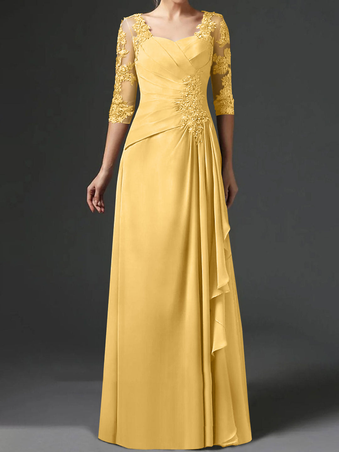 A-Line/Princess Square Neck Half Sleeves Floor-Length Mother of the Bride Dresses With Ruching