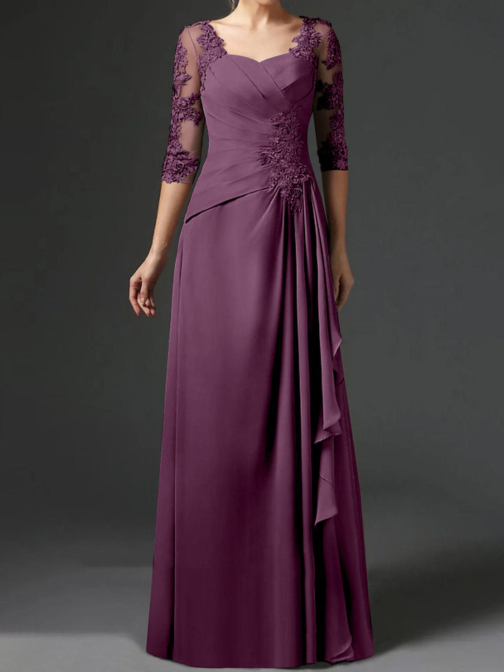 A-Line/Princess Square Neck Half Sleeves Floor-Length Mother of the Bride Dresses With Ruching