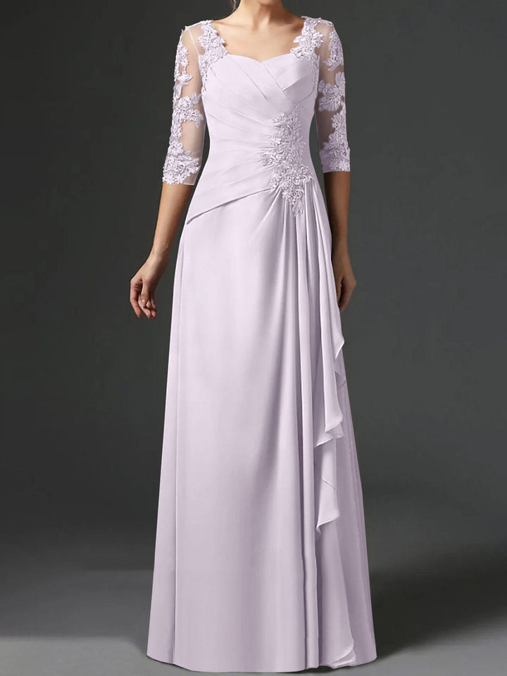 A-Line/Princess Square Neck Half Sleeves Floor-Length Mother of the Bride Dresses With Ruching