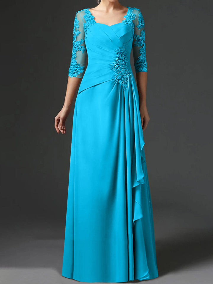 A-Line/Princess Square Neck Half Sleeves Floor-Length Mother of the Bride Dresses With Ruching