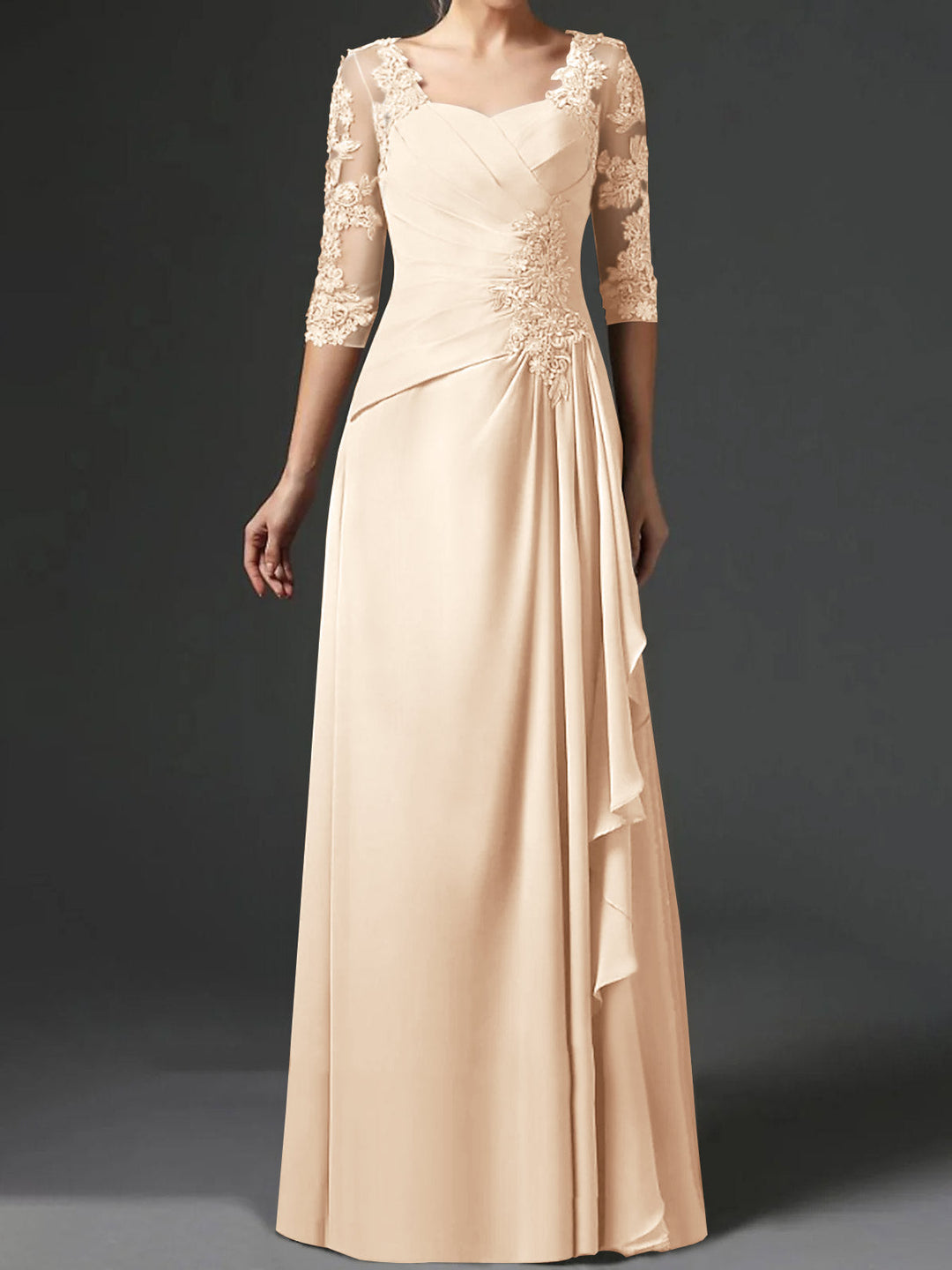 A-Line/Princess Square Neck Half Sleeves Floor-Length Mother of the Bride Dresses With Ruching