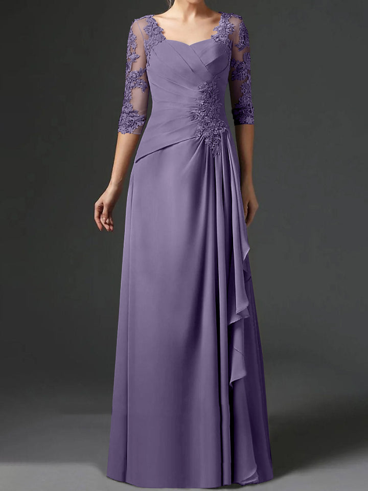 A-Line/Princess Square Neck Half Sleeves Floor-Length Mother of the Bride Dresses With Ruching