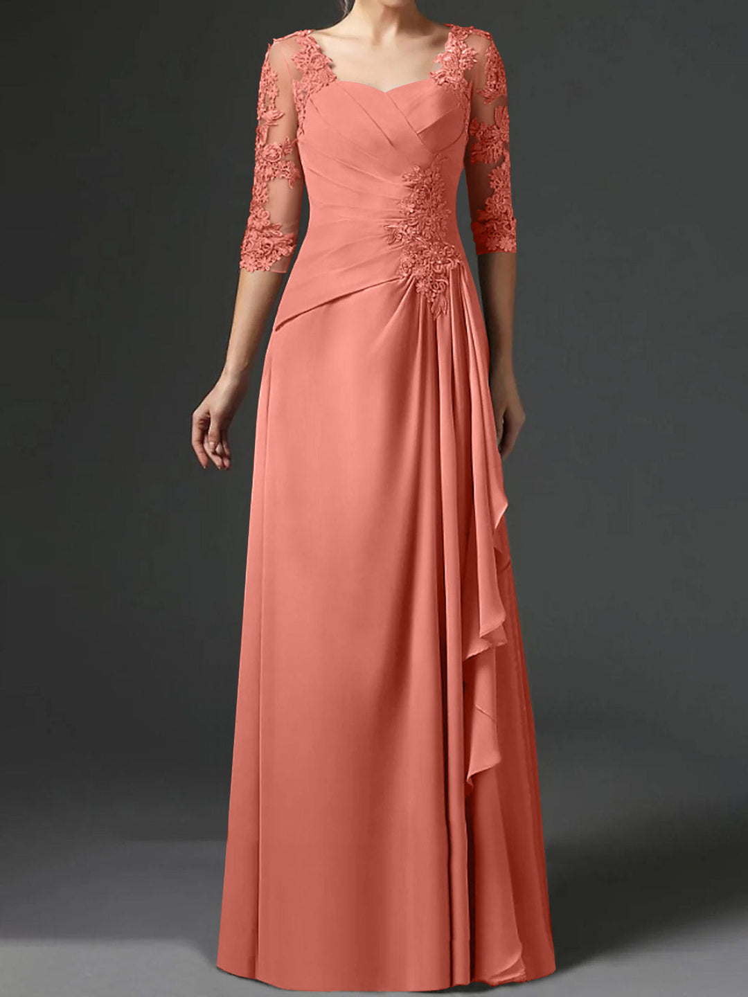 A-Line/Princess Square Neck Half Sleeves Floor-Length Mother of the Bride Dresses With Ruching