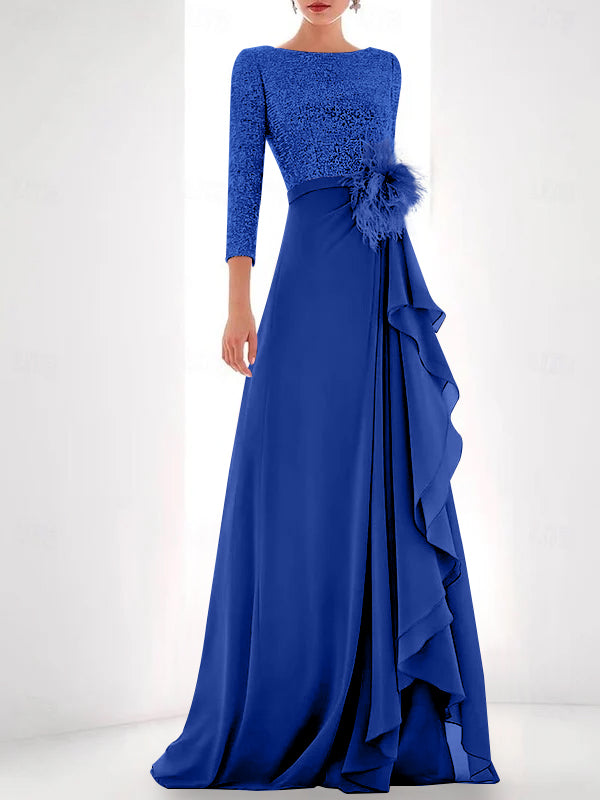 A-Line/Princess Jewel Neck Long Sleeves Asymmetrical Mother of the Bride Dresses With Sequin & Feather & Pearls