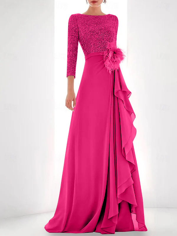 A-Line/Princess Jewel Neck Long Sleeves Asymmetrical Mother of the Bride Dresses With Sequin & Feather & Pearls