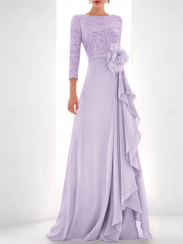 A-Line/Princess Jewel Neck Long Sleeves Asymmetrical Mother of the Bride Dresses With Sequin & Feather & Pearls