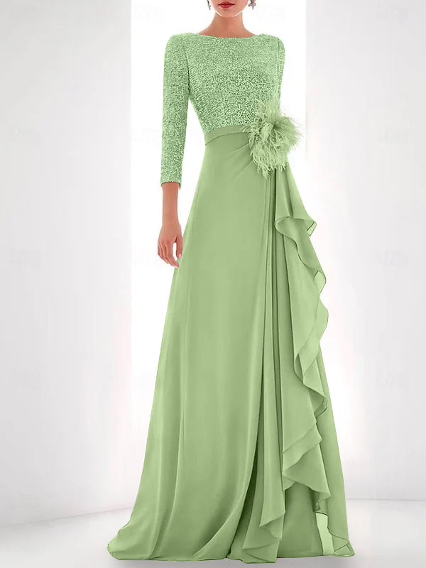 A-Line/Princess Jewel Neck Long Sleeves Asymmetrical Mother of the Bride Dresses With Sequin & Feather & Pearls