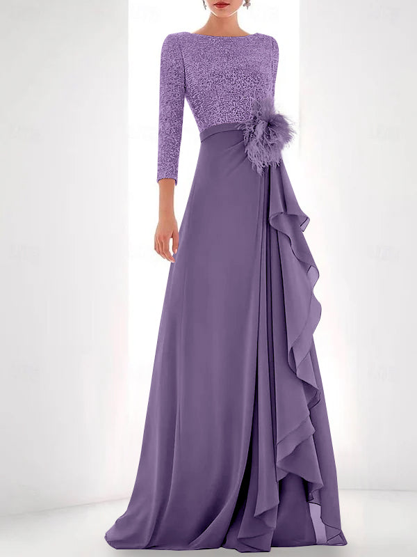 A-Line/Princess Jewel Neck Long Sleeves Asymmetrical Mother of the Bride Dresses With Sequin & Feather & Pearls