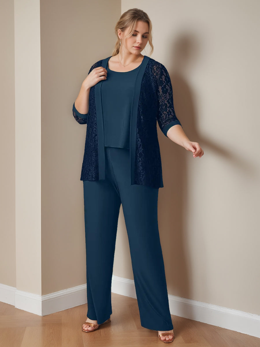 Chiffon 3 Pieces Scoop Neck 3/4 Length Sleeves Floor-Length Plus Size Mother Of The Bride Pantsuits With Jacket & Pockets