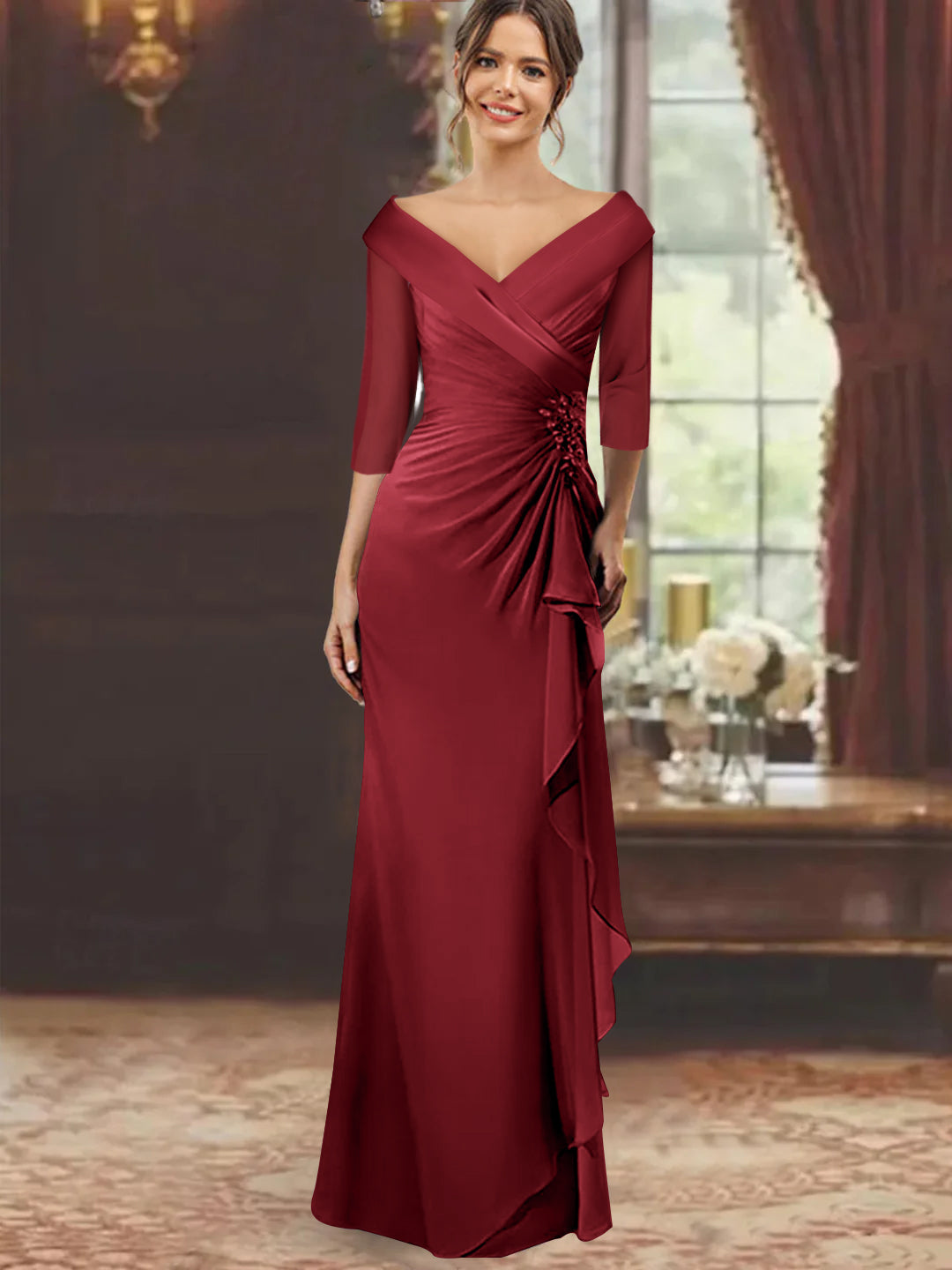 Sheath/Column V-Neck Half Sleeves Floor-Length Mother of the Bride Dresses with Ruffles & Appliques