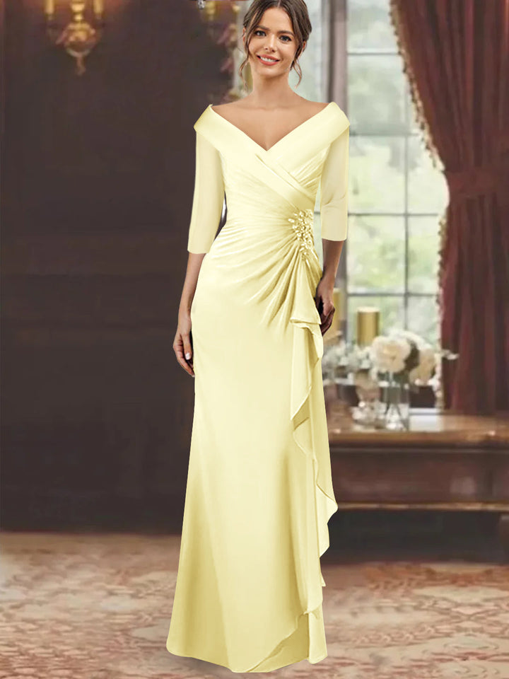 Sheath/Column V-Neck Half Sleeves Floor-Length Mother of the Bride Dresses with Ruffles & Appliques