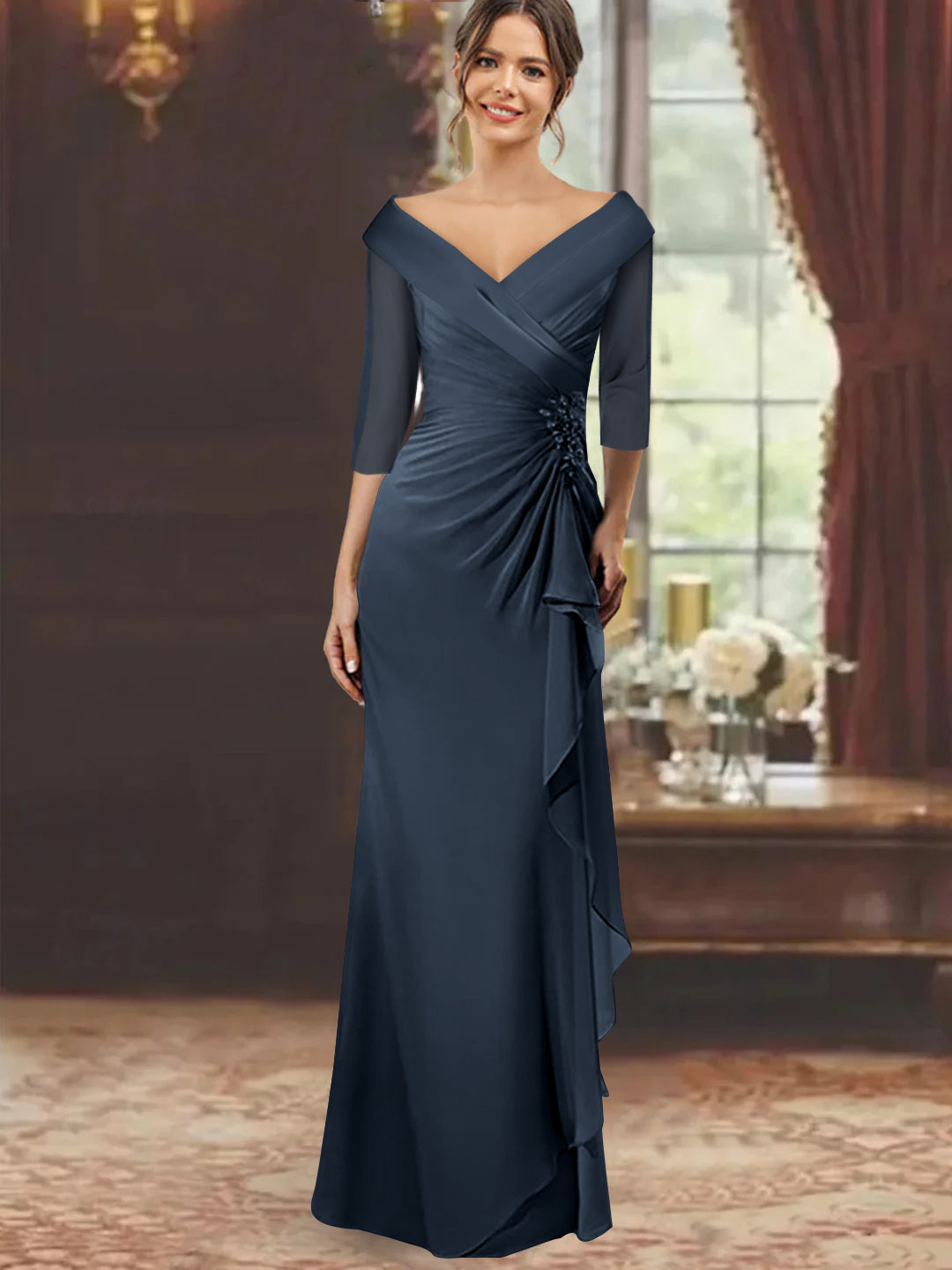 Sheath/Column V-Neck Half Sleeves Floor-Length Mother of the Bride Dresses with Ruffles & Appliques