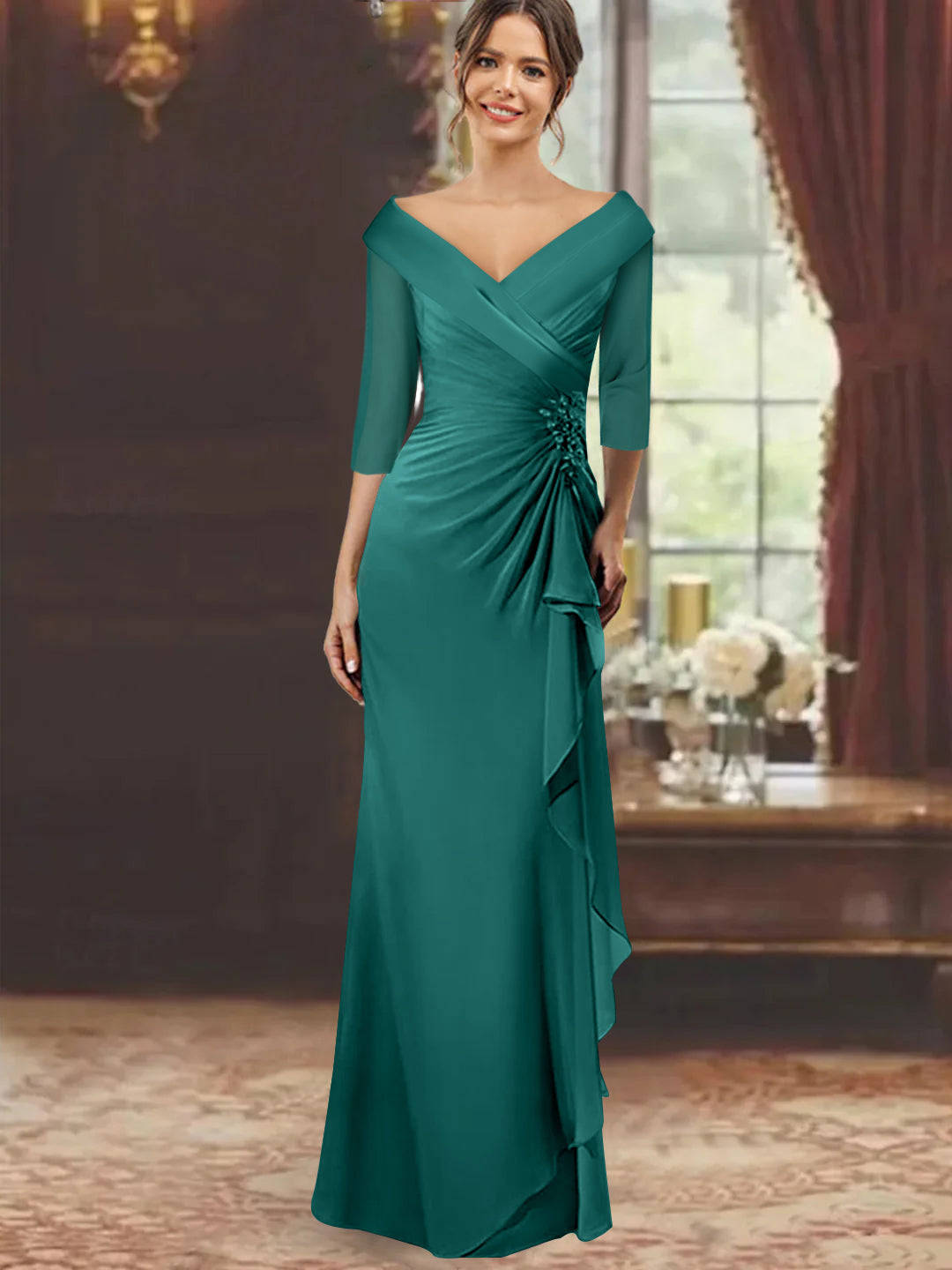 Sheath/Column V-Neck Half Sleeves Floor-Length Mother of the Bride Dresses with Ruffles & Appliques