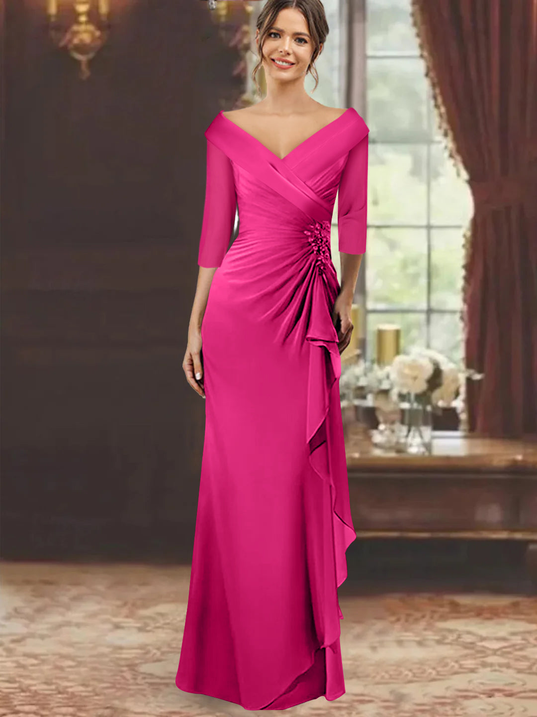 Sheath/Column V-Neck Half Sleeves Floor-Length Mother of the Bride Dresses with Ruffles & Appliques