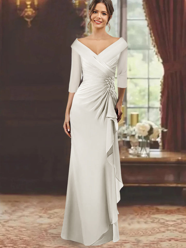 Sheath/Column V-Neck Half Sleeves Floor-Length Mother of the Bride Dresses with Ruffles & Appliques