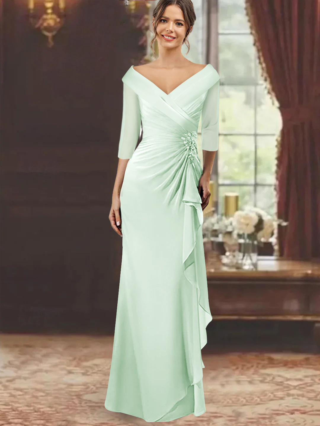 Sheath/Column V-Neck Half Sleeves Floor-Length Mother of the Bride Dresses with Ruffles & Appliques