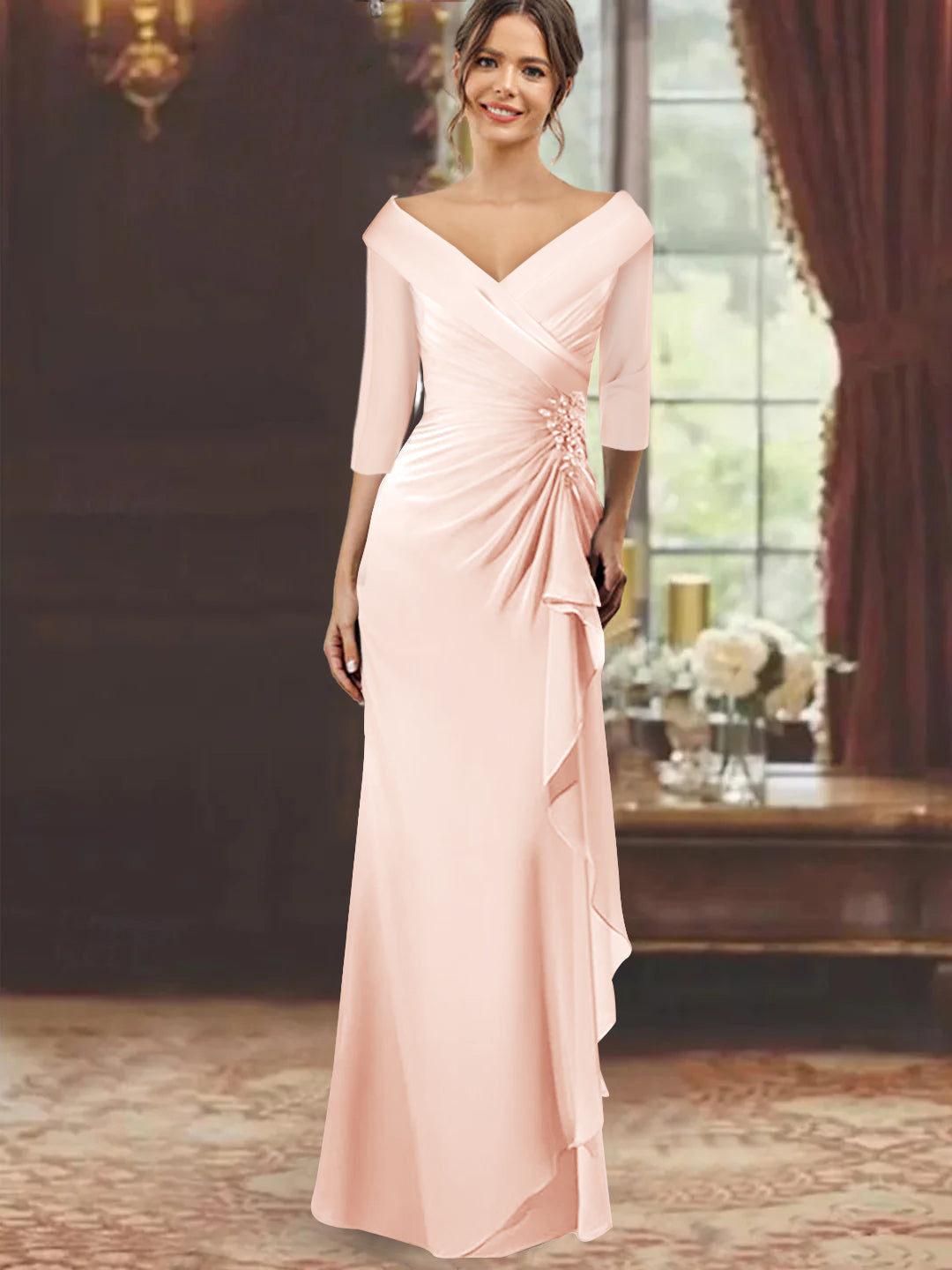 Sheath/Column V-Neck Half Sleeves Floor-Length Mother of the Bride Dresses with Ruffles & Appliques