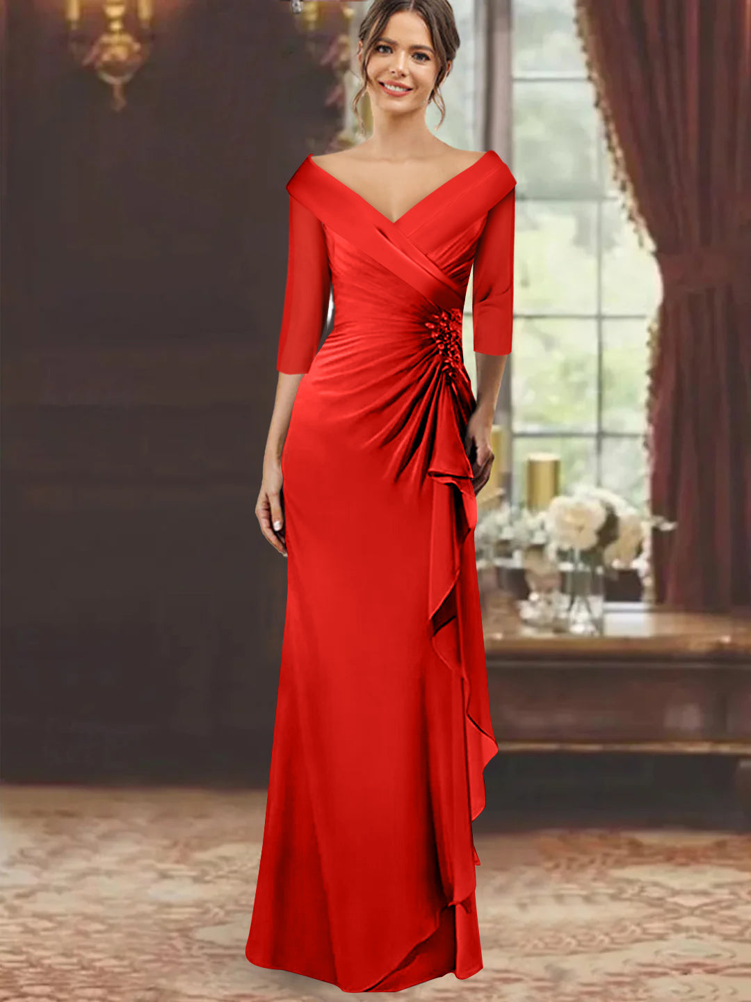 Sheath/Column V-Neck Half Sleeves Floor-Length Mother of the Bride Dresses with Ruffles & Appliques