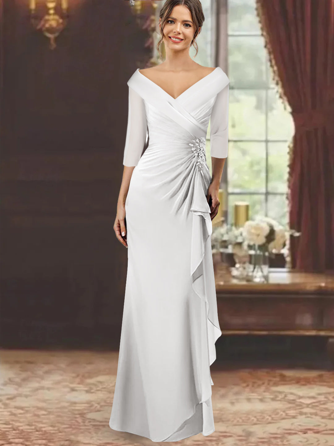 Sheath/Column V-Neck Half Sleeves Floor-Length Mother of the Bride Dresses with Ruffles Appliques