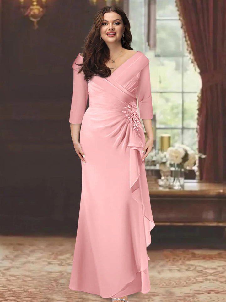 Sheath/Column V-Neck Half Sleeves Floor-Length Plus Size Mother of the Bride Dresses with Ruffles & Appliques