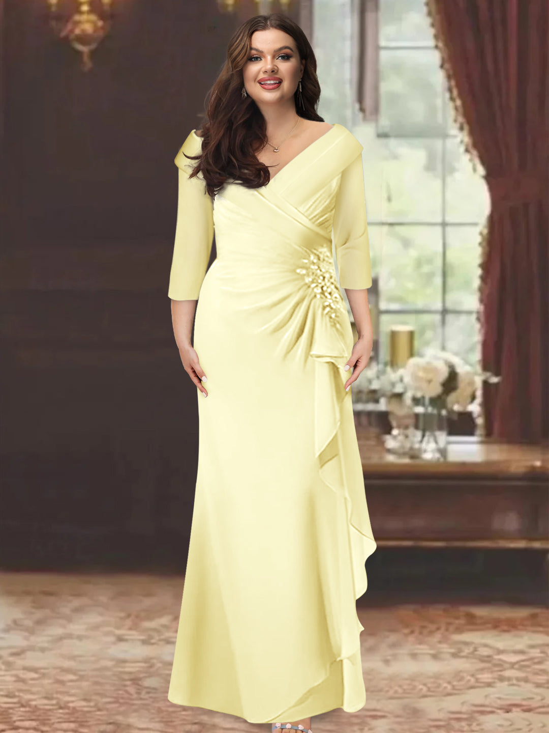 Sheath/Column V-Neck Half Sleeves Floor-Length Plus Size Mother of the Bride Dresses with Ruffles & Appliques