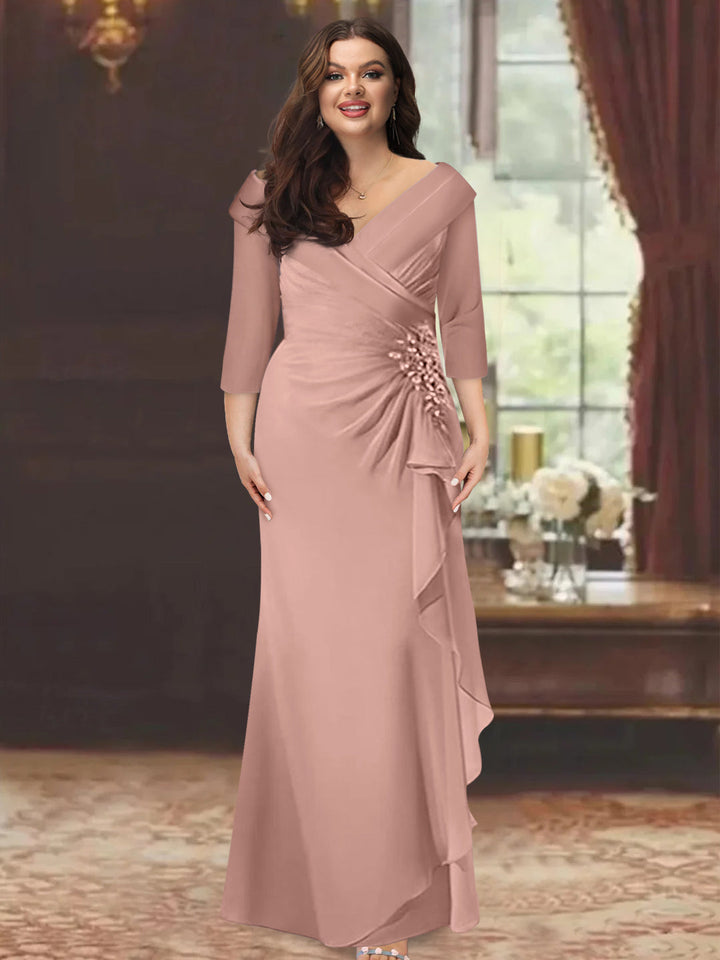 Sheath/Column V-Neck Half Sleeves Floor-Length Plus Size Mother of the Bride Dresses with Ruffles & Appliques