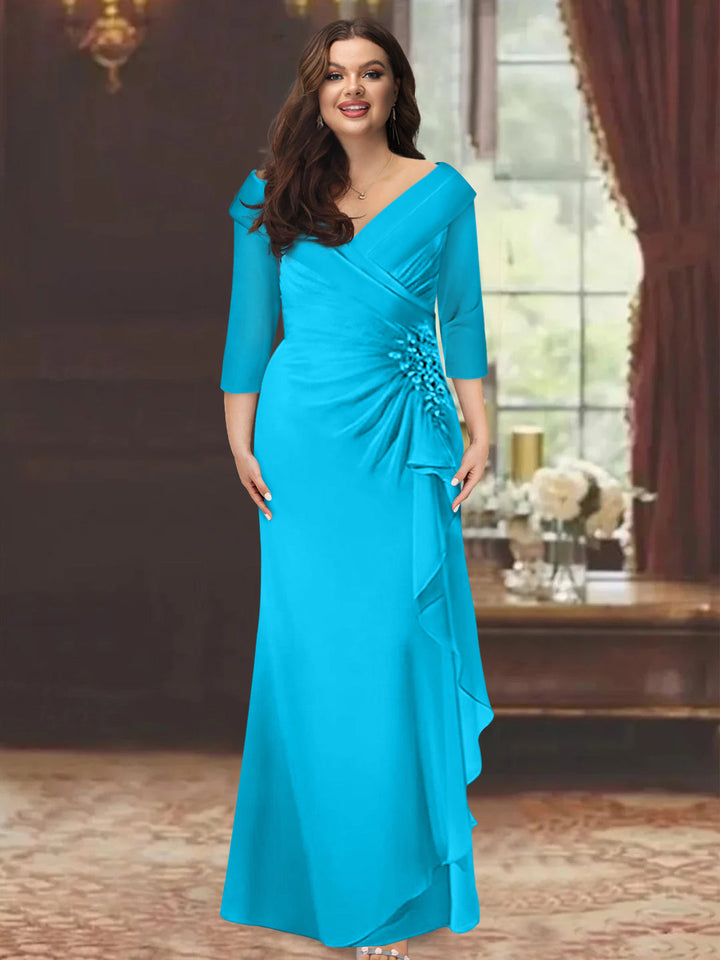 Sheath/Column V-Neck Half Sleeves Floor-Length Plus Size Mother of the Bride Dresses with Ruffles & Appliques