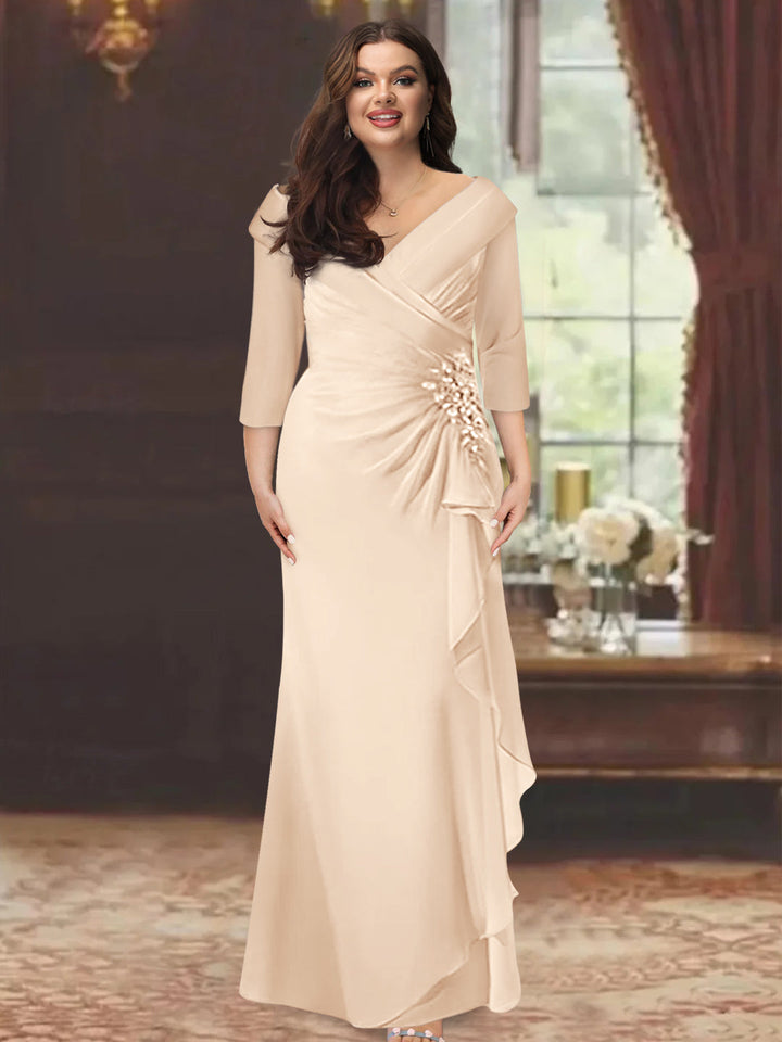 Sheath/Column V-Neck Half Sleeves Floor-Length Plus Size Mother of the Bride Dresses with Ruffles & Appliques