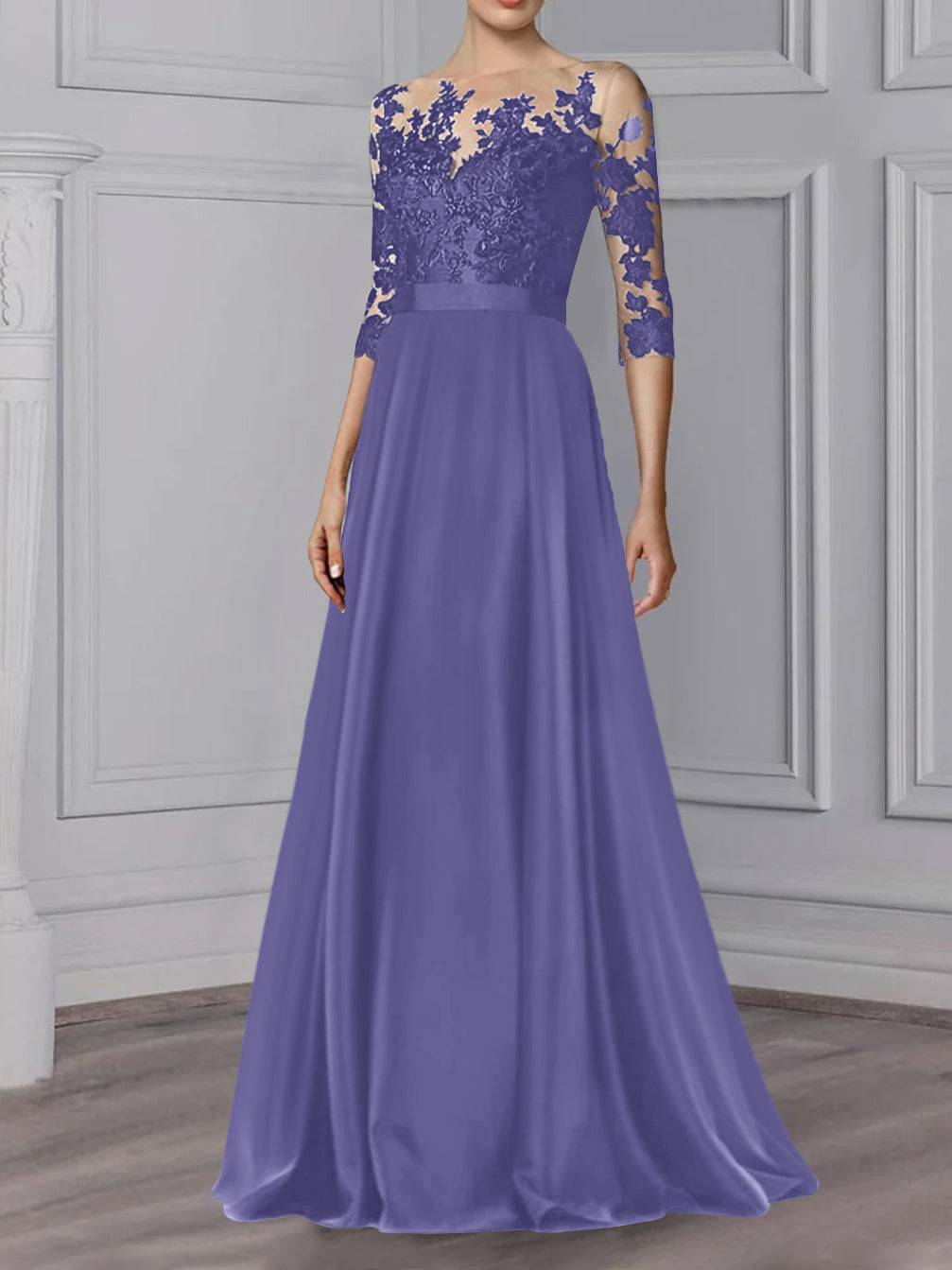 A-Line/Princess Jewel Neck 3/4 Length Sleeves Floor-Length Mother of the Bride Dresses