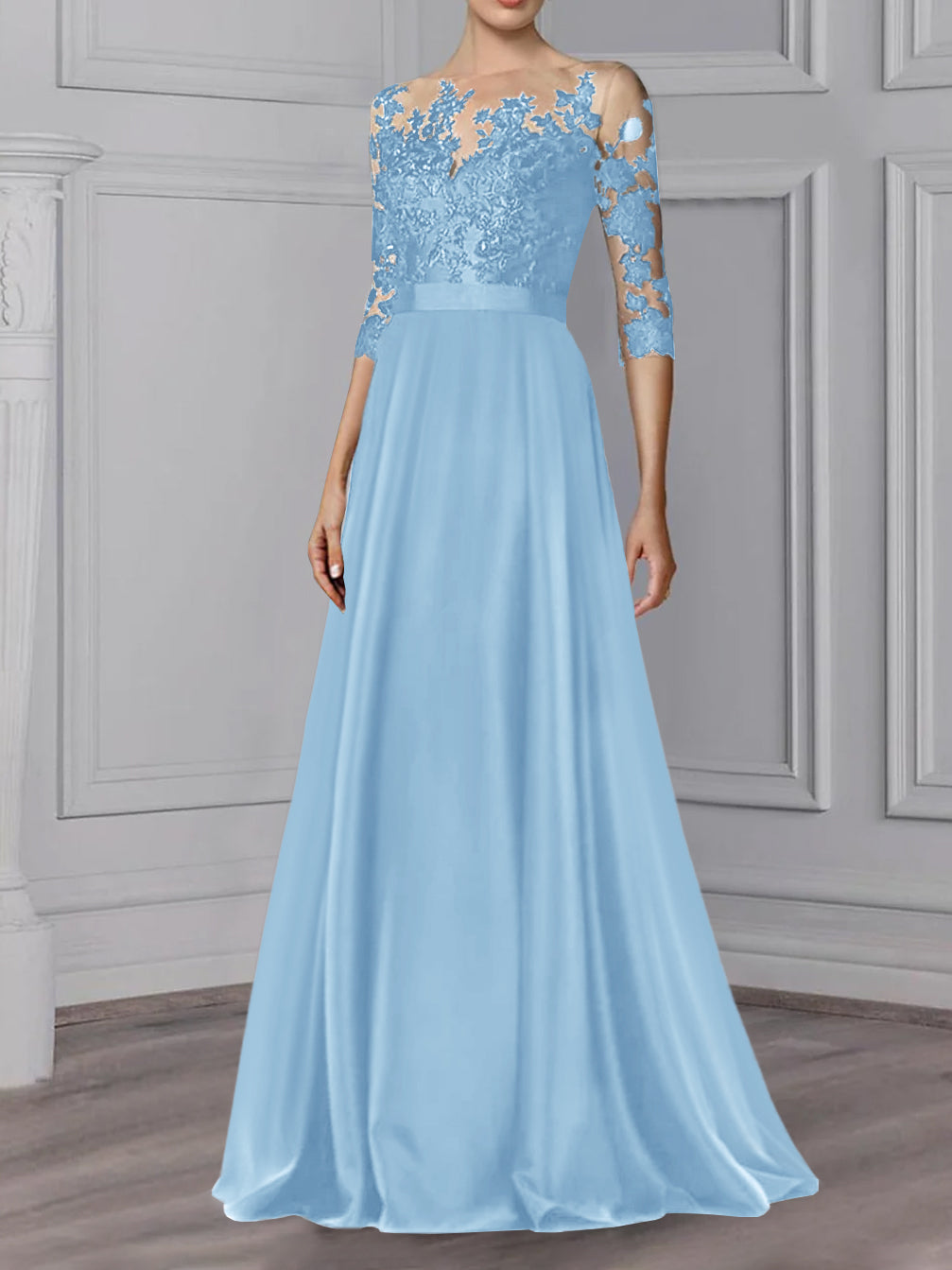 A-Line/Princess Jewel Neck 3/4 Length Sleeves Floor-Length Mother of the Bride Dresses