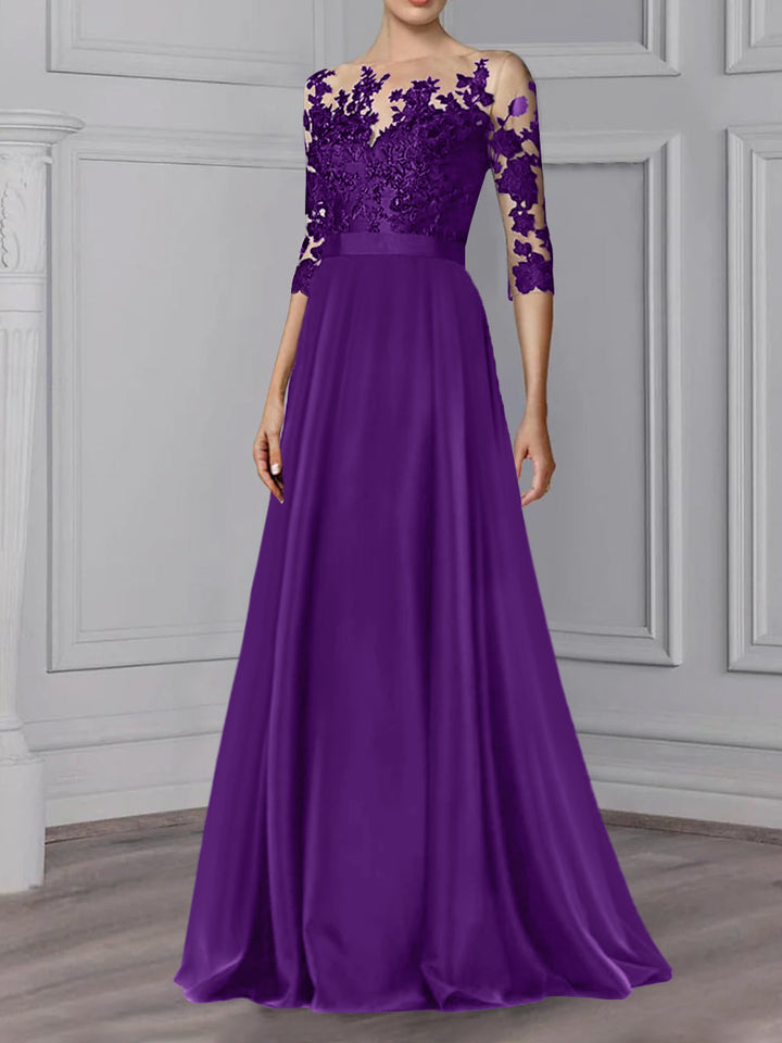 A-Line/Princess Jewel Neck 3/4 Length Sleeves Floor-Length Mother of the Bride Dresses