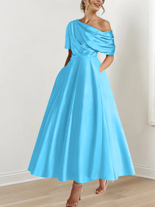 A-Line/Princess One-shoulder Half Sleeve Ankle-Length Mother of the Bride Dresses with Ruffles