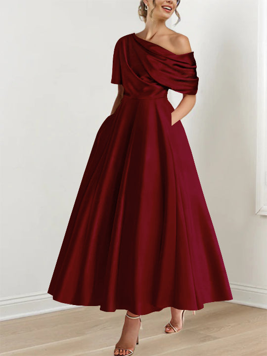 A-Line/Princess One-shoulder Half Sleeve Ankle-Length Mother of the Bride Dresses with Ruffles