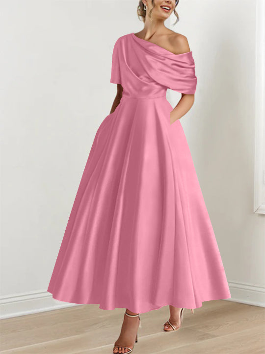 A-Line/Princess One-shoulder Half Sleeve Ankle-Length Mother of the Bride Dresses with Ruffles