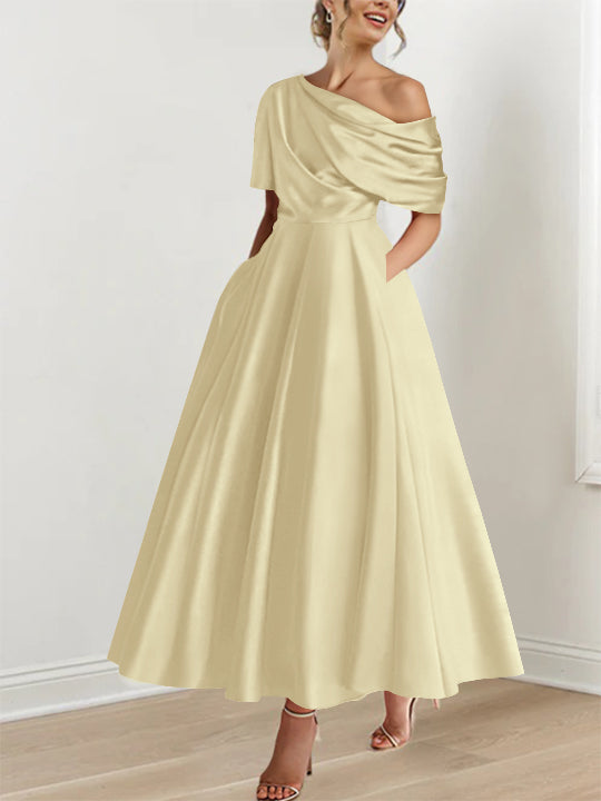 A-Line/Princess One-shoulder Half Sleeve Ankle-Length Mother of the Bride Dresses with Ruffles