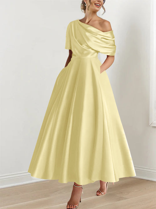 A-Line/Princess One-shoulder Half Sleeve Ankle-Length Mother of the Bride Dresses with Ruffles