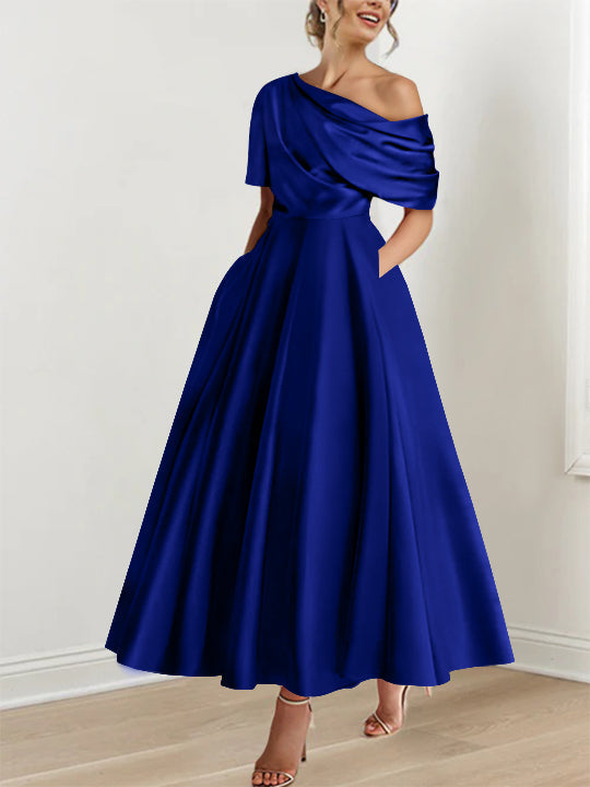 A-Line/Princess One-shoulder Half Sleeve Ankle-Length Mother of the Bride Dresses with Ruffles